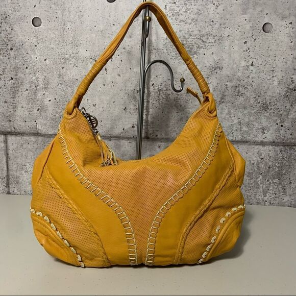 Via Spiga Leather Mustard Perforated Hobo Bag with Crochet details - Picture 2 of 16